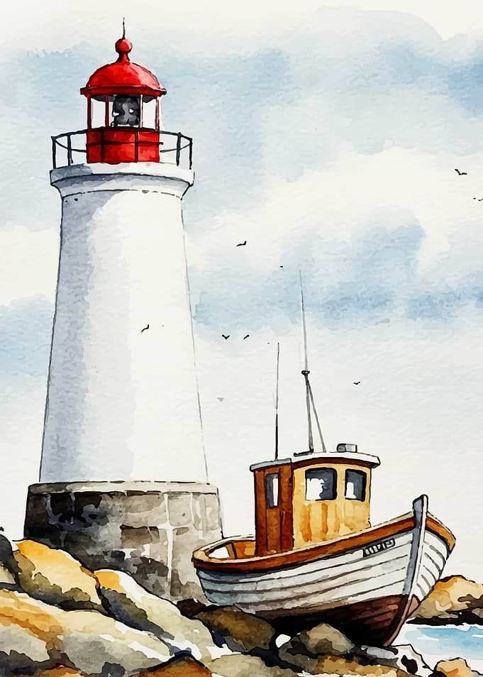 Lighthouse and Boat Watercolor Painting