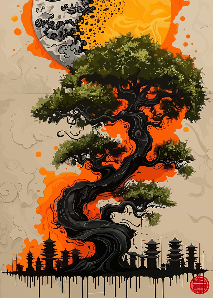 Japanese Tree with Pagodas and Moon