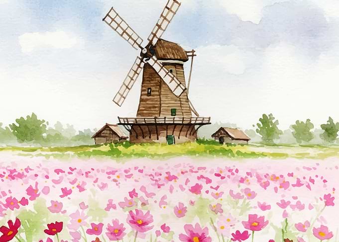 Watercolor Windmill in Flower Field