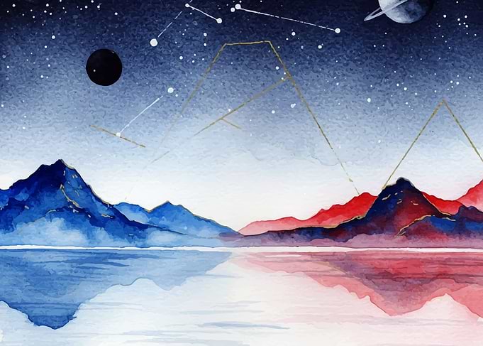 Watercolor Mountain Landscape with Celestial Elements