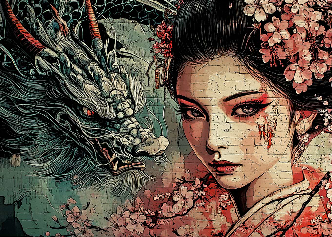 Geisha and Dragon Digital Art