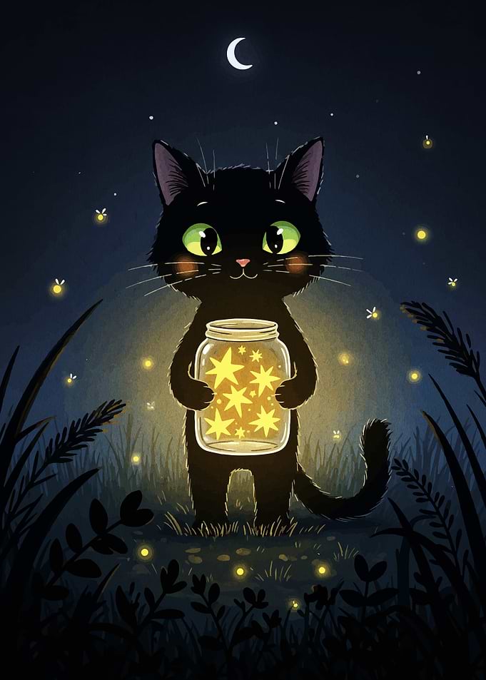 Cat Holding Jar of Stars