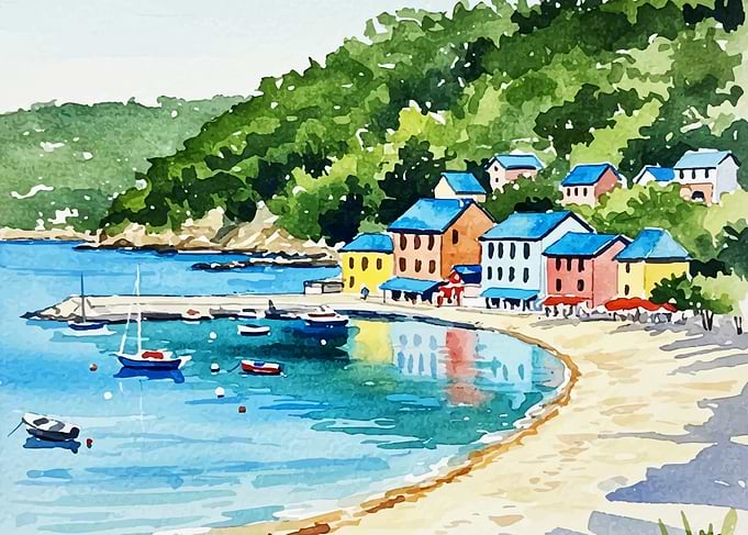 Watercolor Coastal Village with Boats