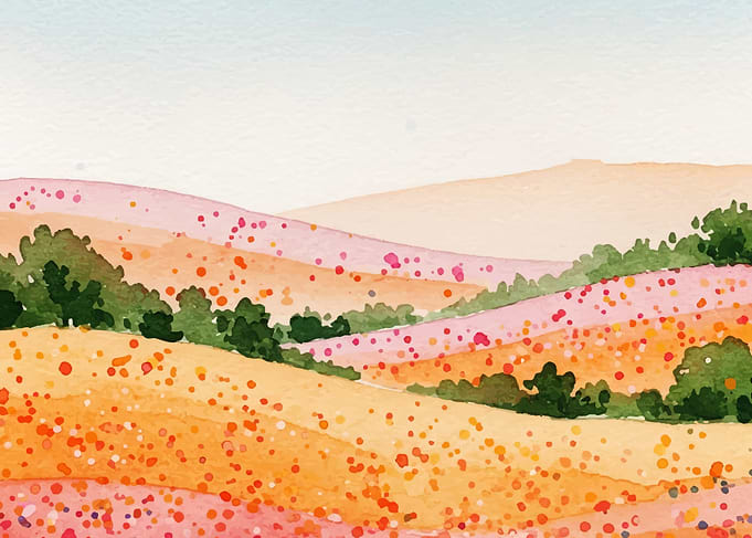 Watercolor Landscape with Hills and Trees