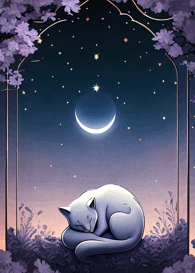 Sleeping Cat Under Crescent Moon