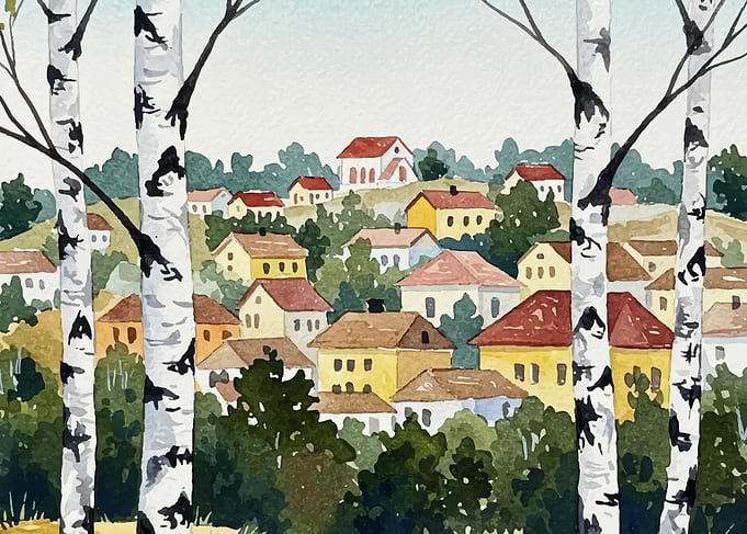 Watercolor Village Scene with Birch Trees