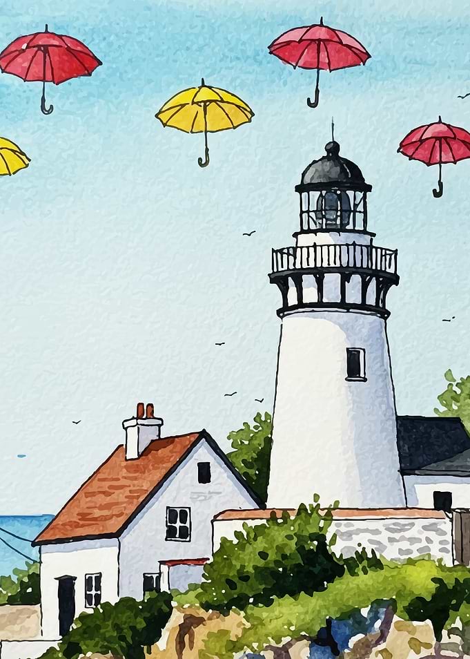 Watercolor Lighthouse with Floating Umbrellas