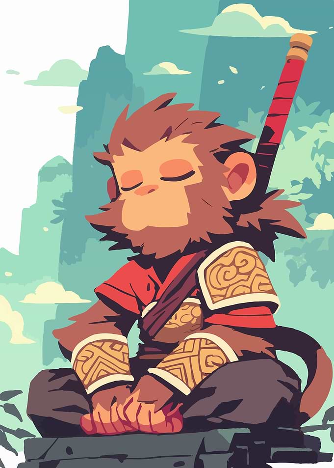 Meditating Monkey King Cartoon Illustration