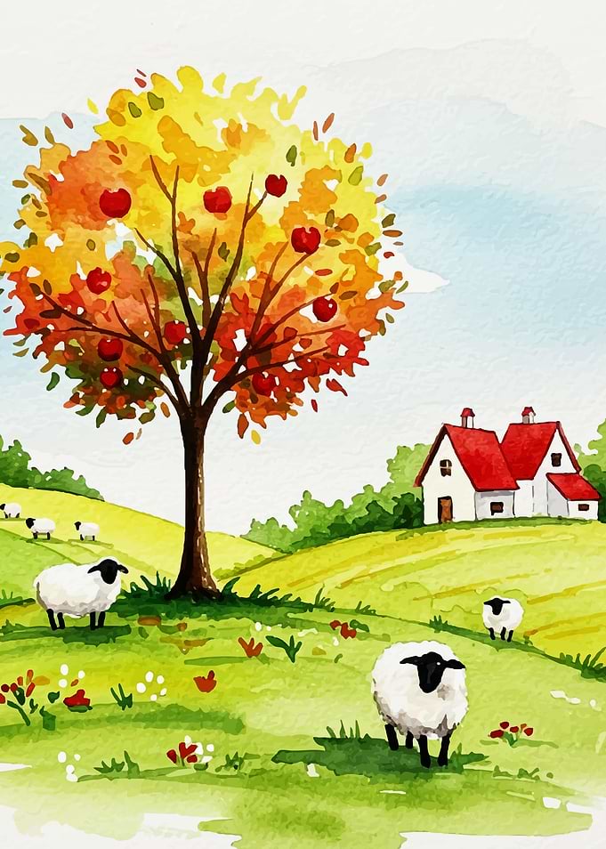 Watercolor Sheep Meadow with Apple Tree