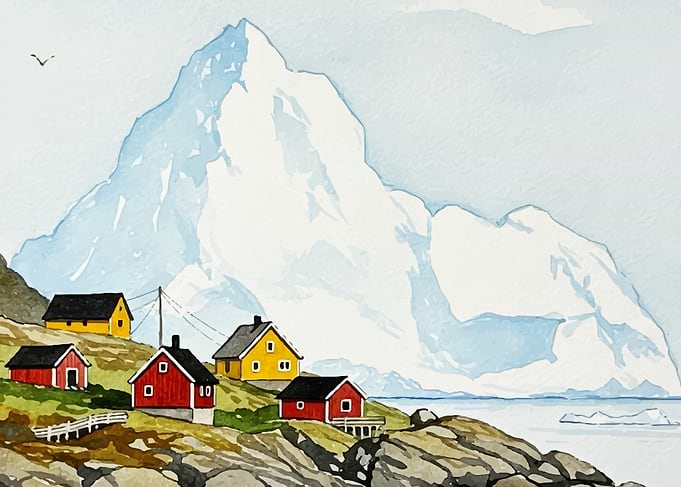 Watercolor Painting of Coastal Village