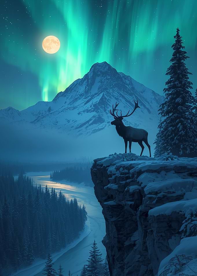 Majestic Deer Under Aurora Borealis