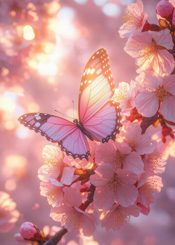 Pink Butterfly on Cherry Blossoms