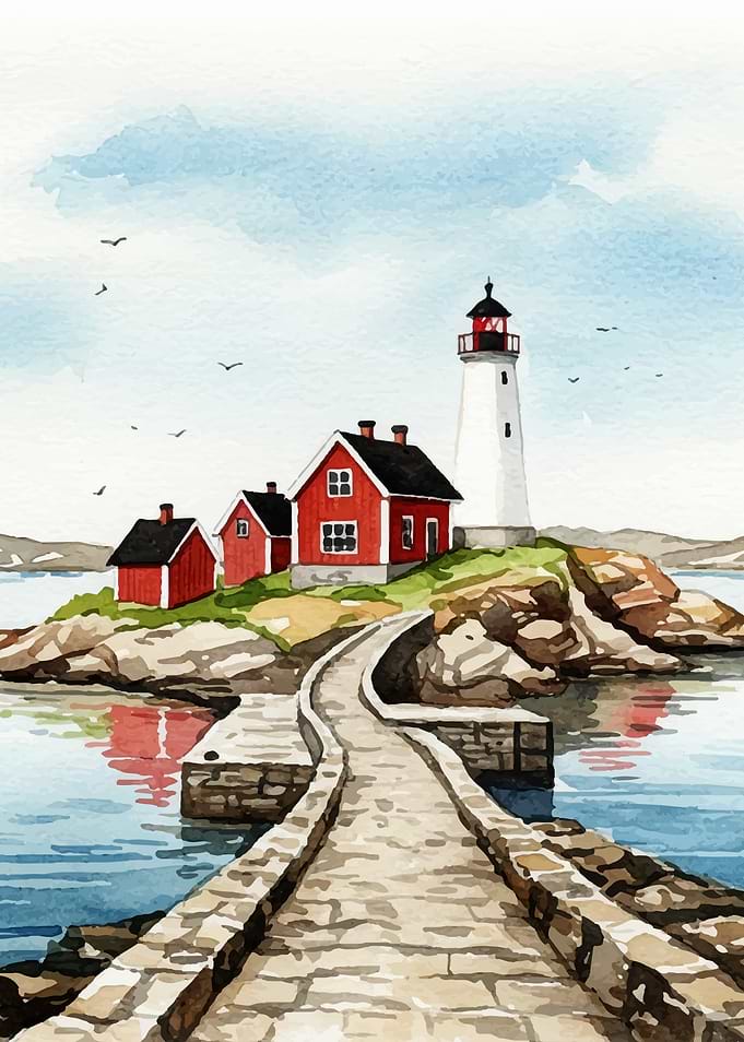 Watercolor Lighthouse and Red Houses