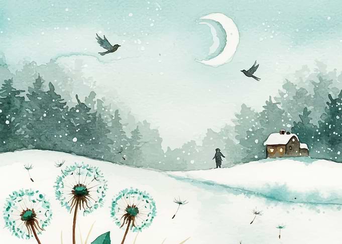 Winter Watercolor Landscape with Birds