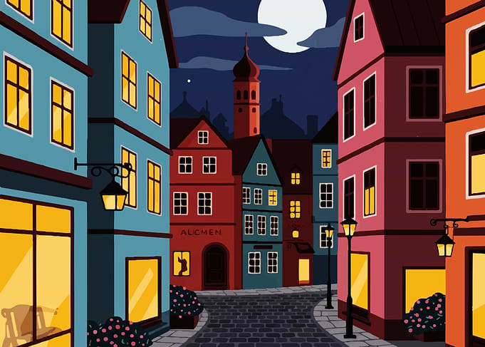 Night street with colorful buildings