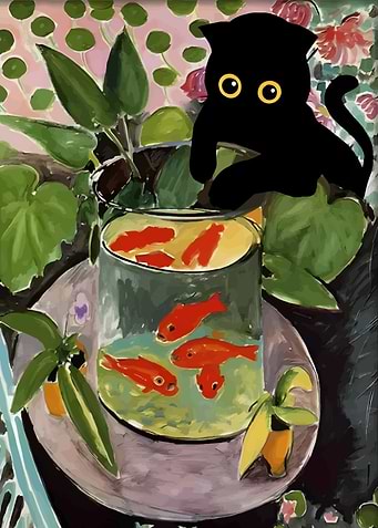 Black Cat and Goldfish Still Life
