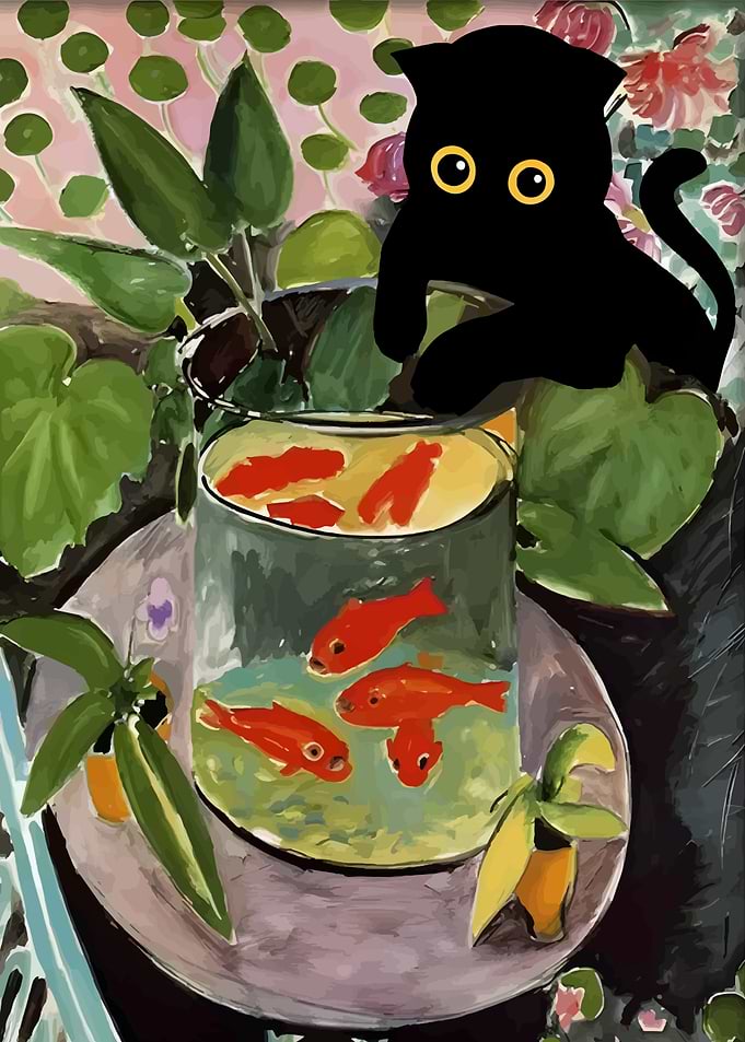 Black Cat and Goldfish Still Life