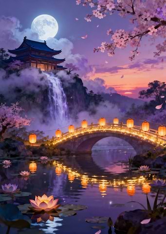 Japanese Temple, Bridge, and Water Lilies