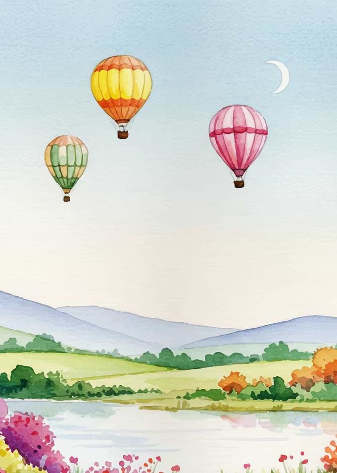 Watercolor Hot Air Balloons Over Landscape