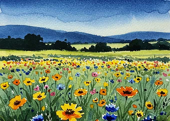 Watercolor Field of Flowers Landscape