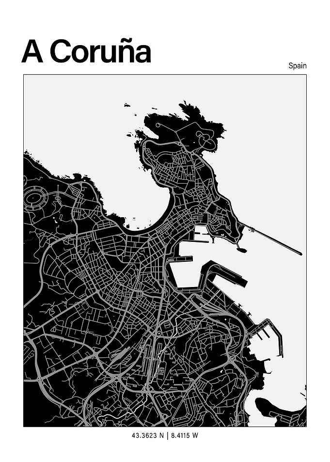 A Coruña Black and White Map
