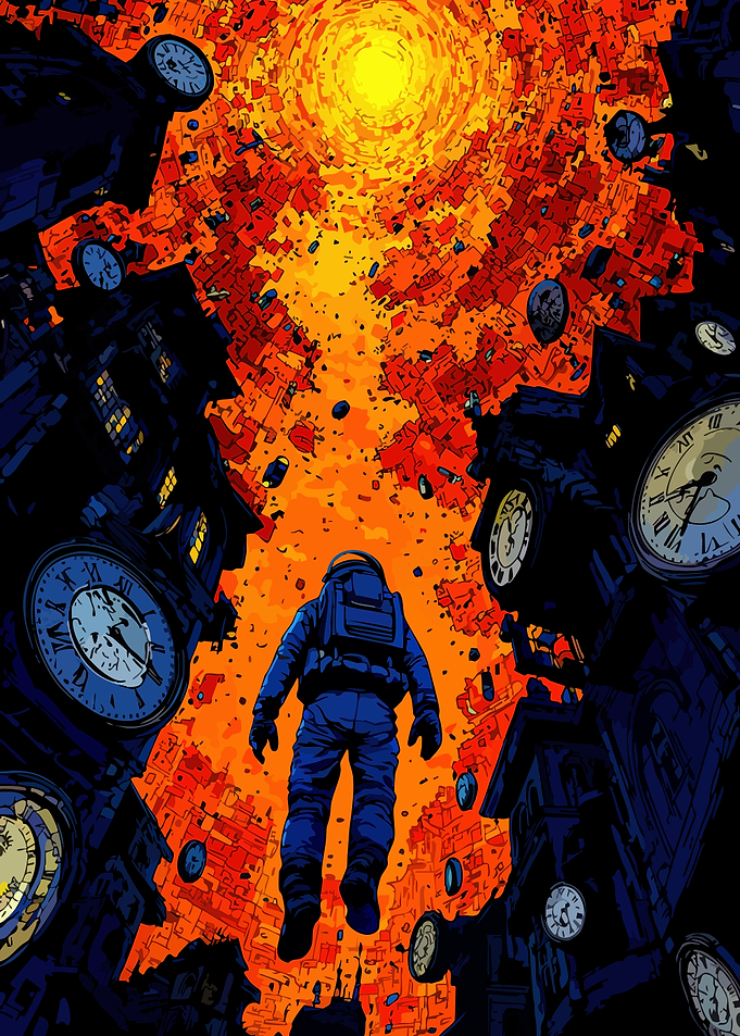 Astronaut in Time-Warped Cityscape