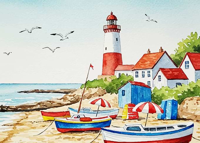 Watercolor Coastal Scene with Lighthouse