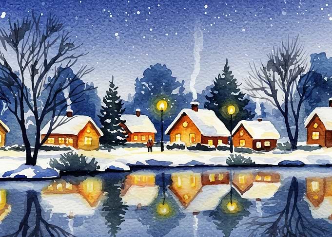 Winter Village Watercolor Painting
