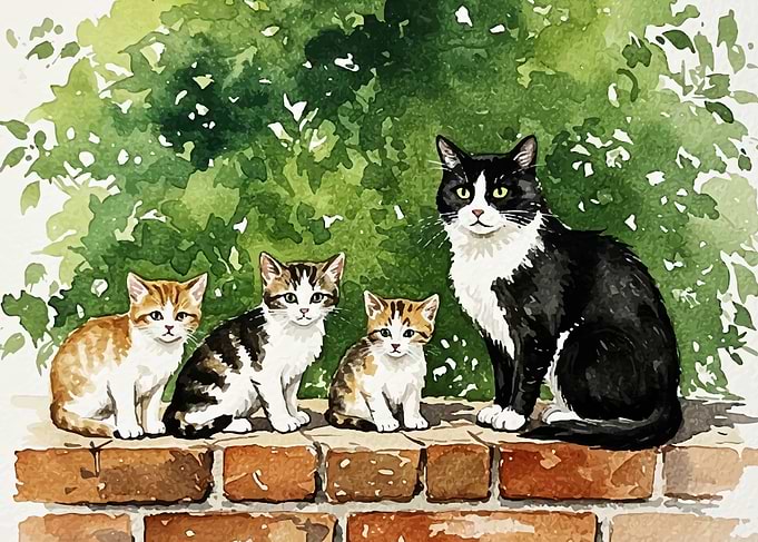 Watercolor Painting of Cats on Brick