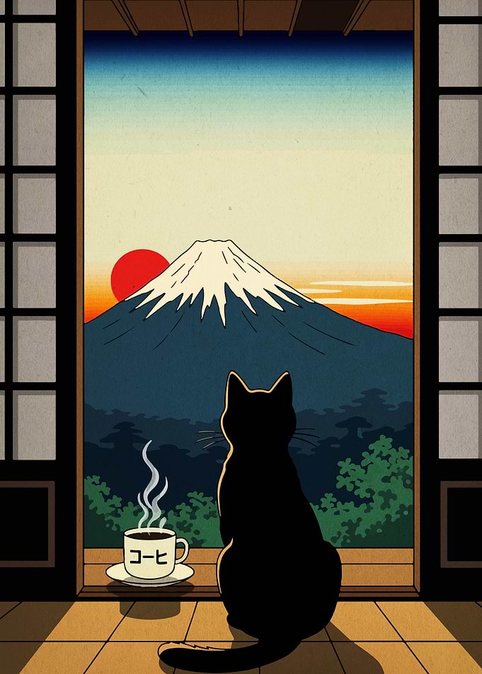 Cat, Coffee, and Mount Fuji View