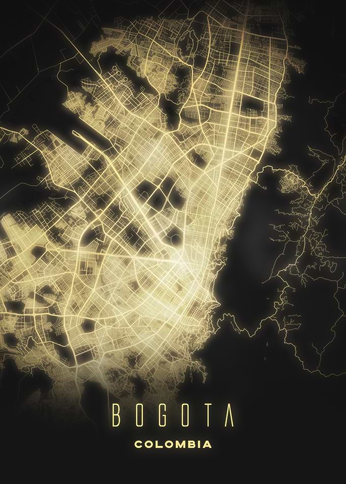 Bogota Map Poster - Glowing City Street Art Print, Colombia Wall Decor
