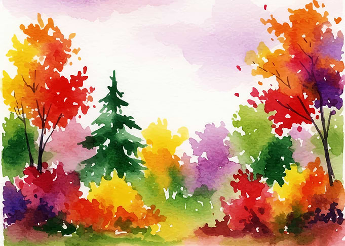 Watercolor Autumn Forest Landscape Painting