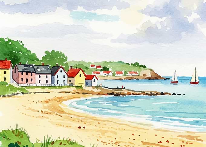 Coastal Village Watercolor Painting