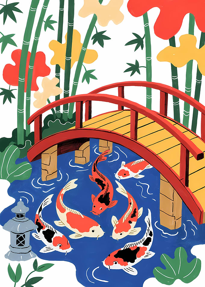 Koi Pond with Bridge Illustration Art