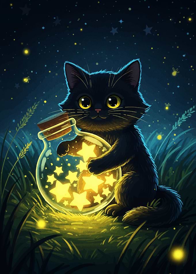 Cute Cat with Star Jar