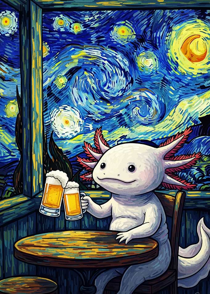 Axolotl Cheers in Starry Night Style