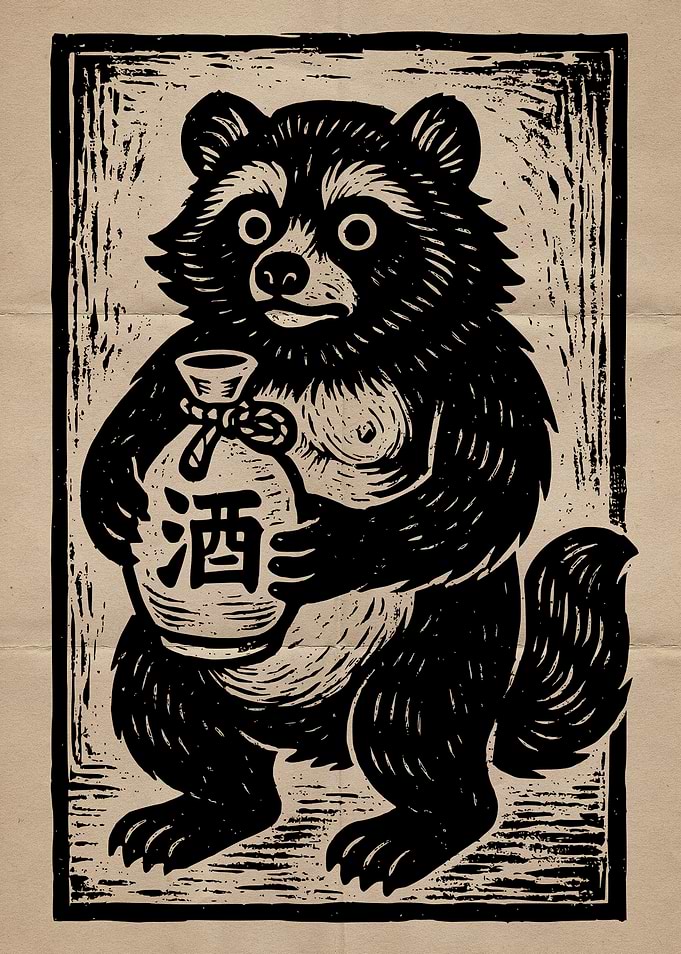 Tanuki with Sake Woodblock Print