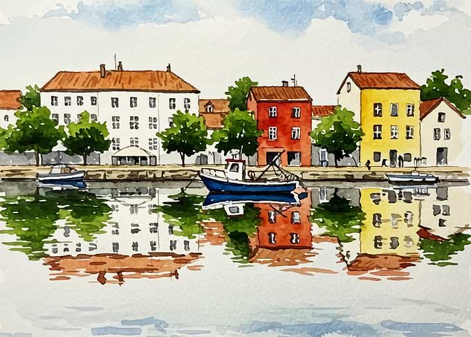 Watercolor painting of a European cityscape