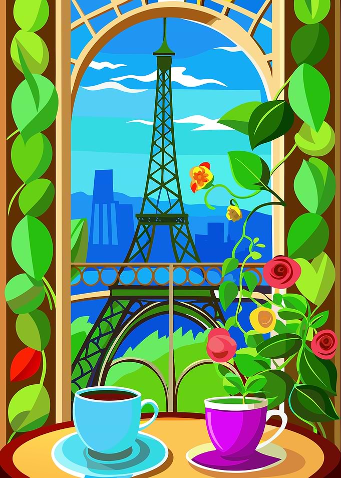Paris Balcony View of Eiffel Tower with Coffee and Roses Metal Wall Print Art