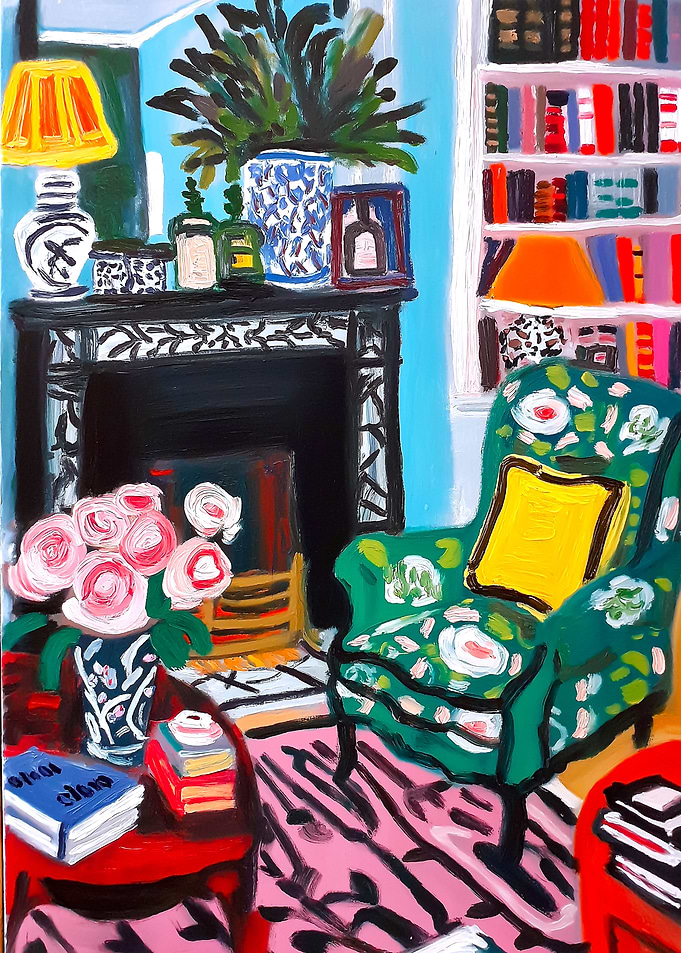 Colorful Interior Painting with Books and Flowers