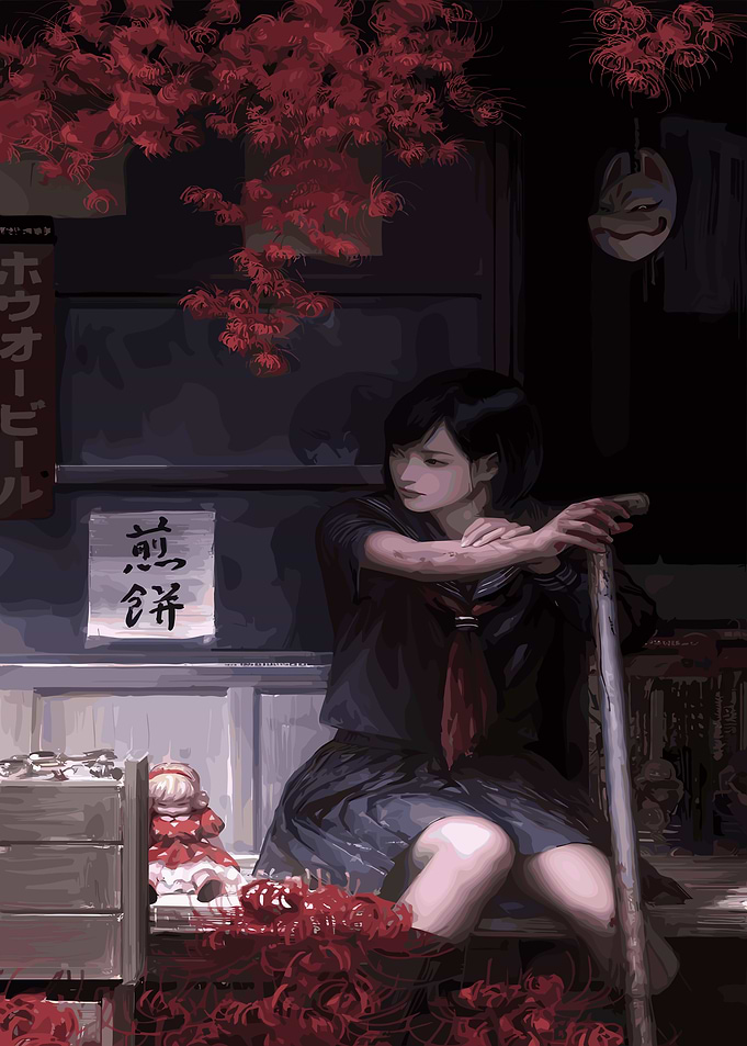 Girl with Spider Lilies and Bat