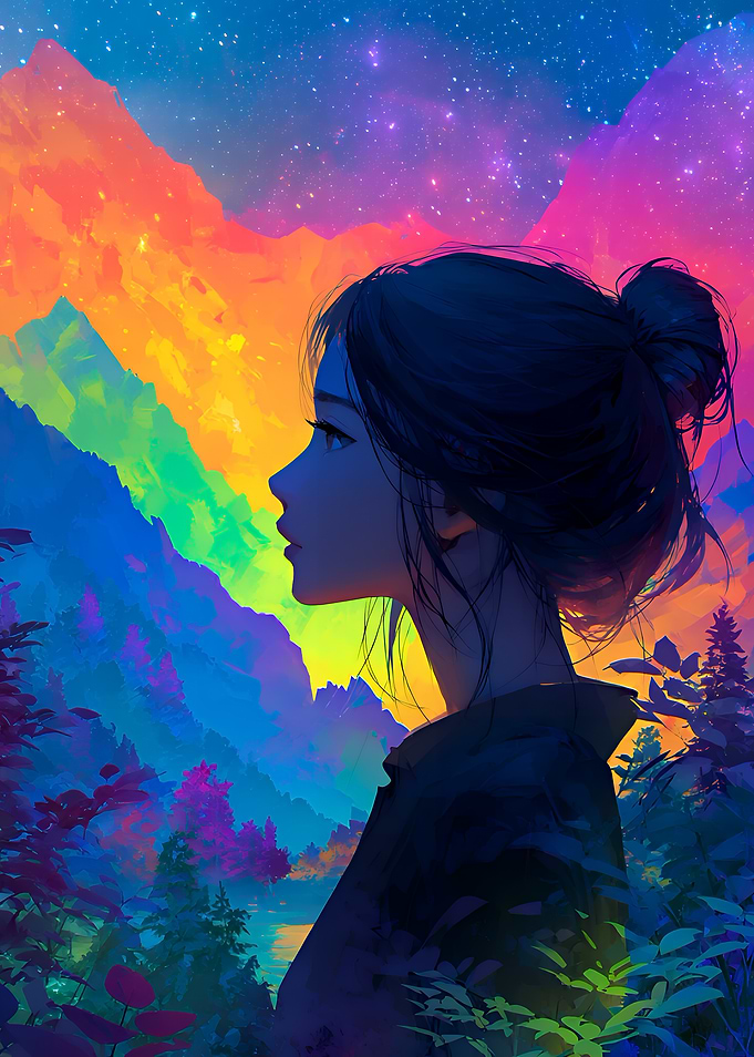 Anime Girl in Colorful Mountain Landscape