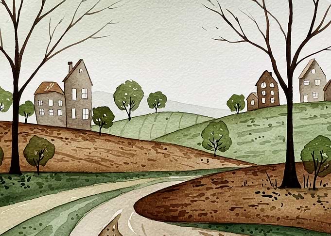 Watercolor Village Landscape
