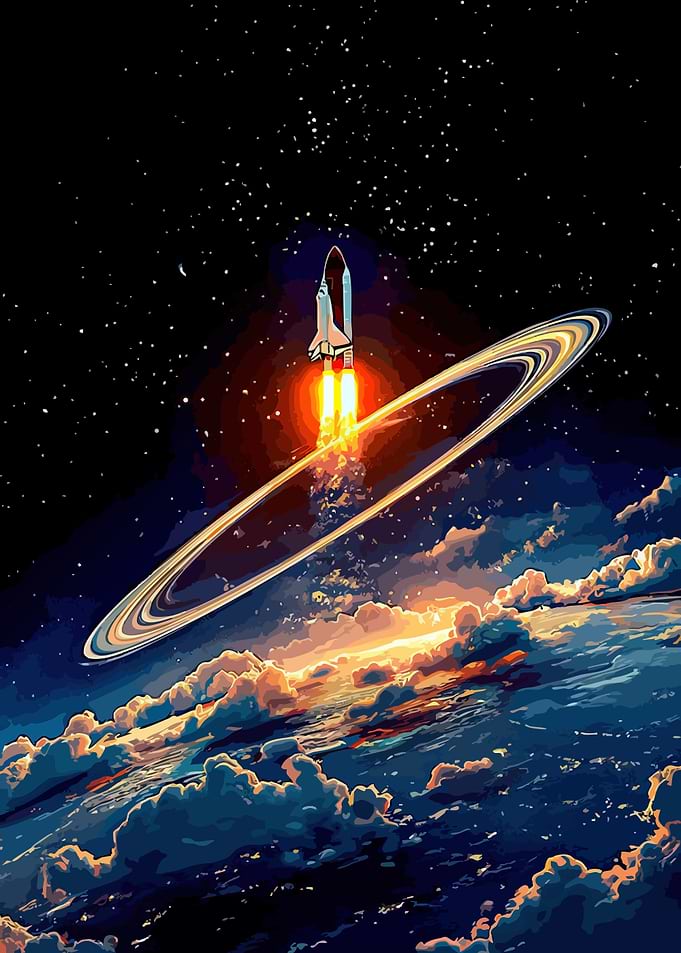 Space Shuttle Launching Through Saturn's Rings