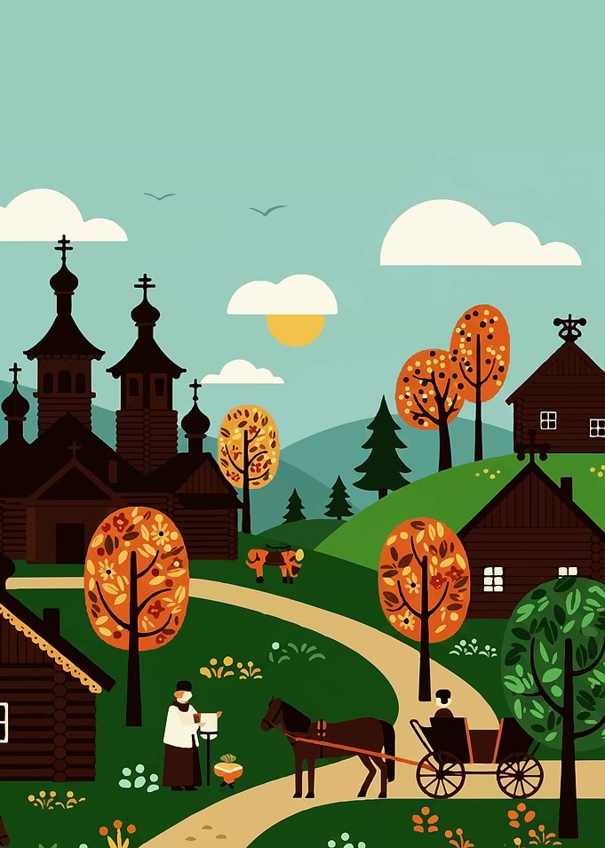 Russian Village Landscape Illustration