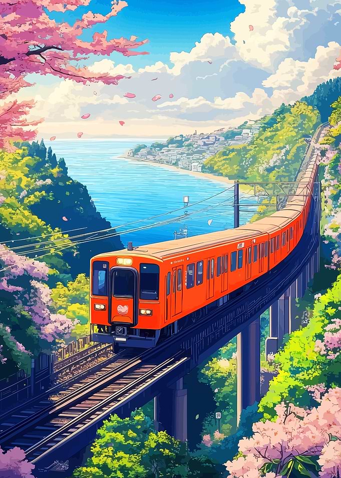 Orange Train by the Sea