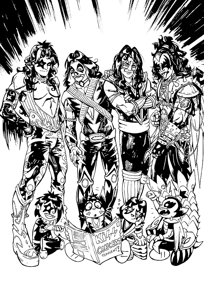 KISS Band Cartoon Black and White