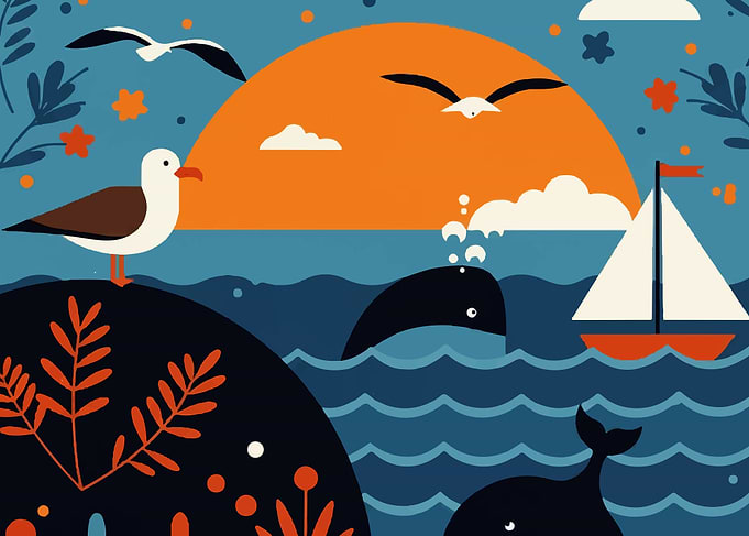 Nautical Scene with Whale and Seagulls