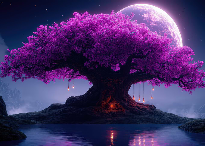 Mystical Tree with Purple Blossoms