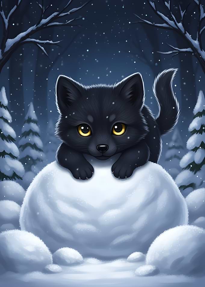 Cute Black Wolf Cub in Winter